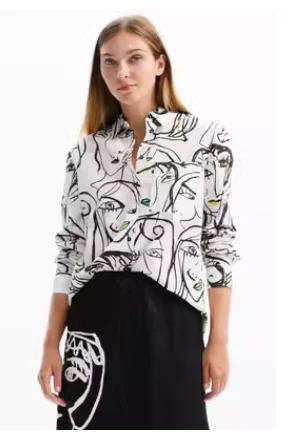 

2023 Foreign Trade Spain Hand Painted Face Printing Fashion Pattern Cotton Women's Long Sleeve Shirt