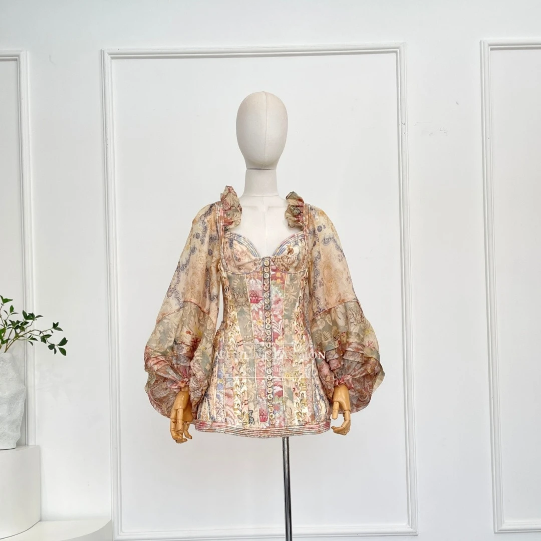 Women Dress 2026 Autumn New High Qaulity Floral Pink Brown Floral Print Long Lantern Sleeve Backless Mini Dresses