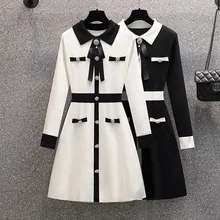 

Vintage Knit Sweater Dress For Women 2022Elegant Bow Tie Chic Buttons Long Sleeve Party Mini Dress Ladies Casual Chic Robe Femme
