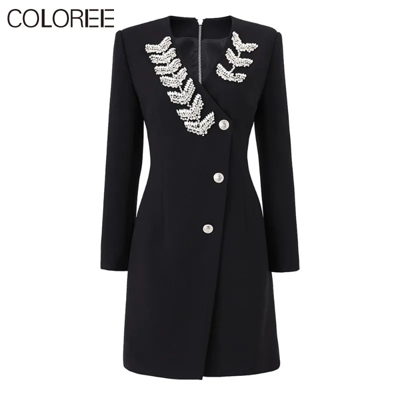 

Runway Designer Dress for Women High Quality Office Lady Elegant V-neck Black Blazer Dresses 2023 Luxury Diamonds Ropa De Mujer