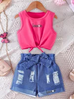 Ins Girls' Fashion Tie-Dye Full Print Printed Vest Suit Outdoor Sports Blue Shorts Suit Suitable for 3-10 Years Old 1