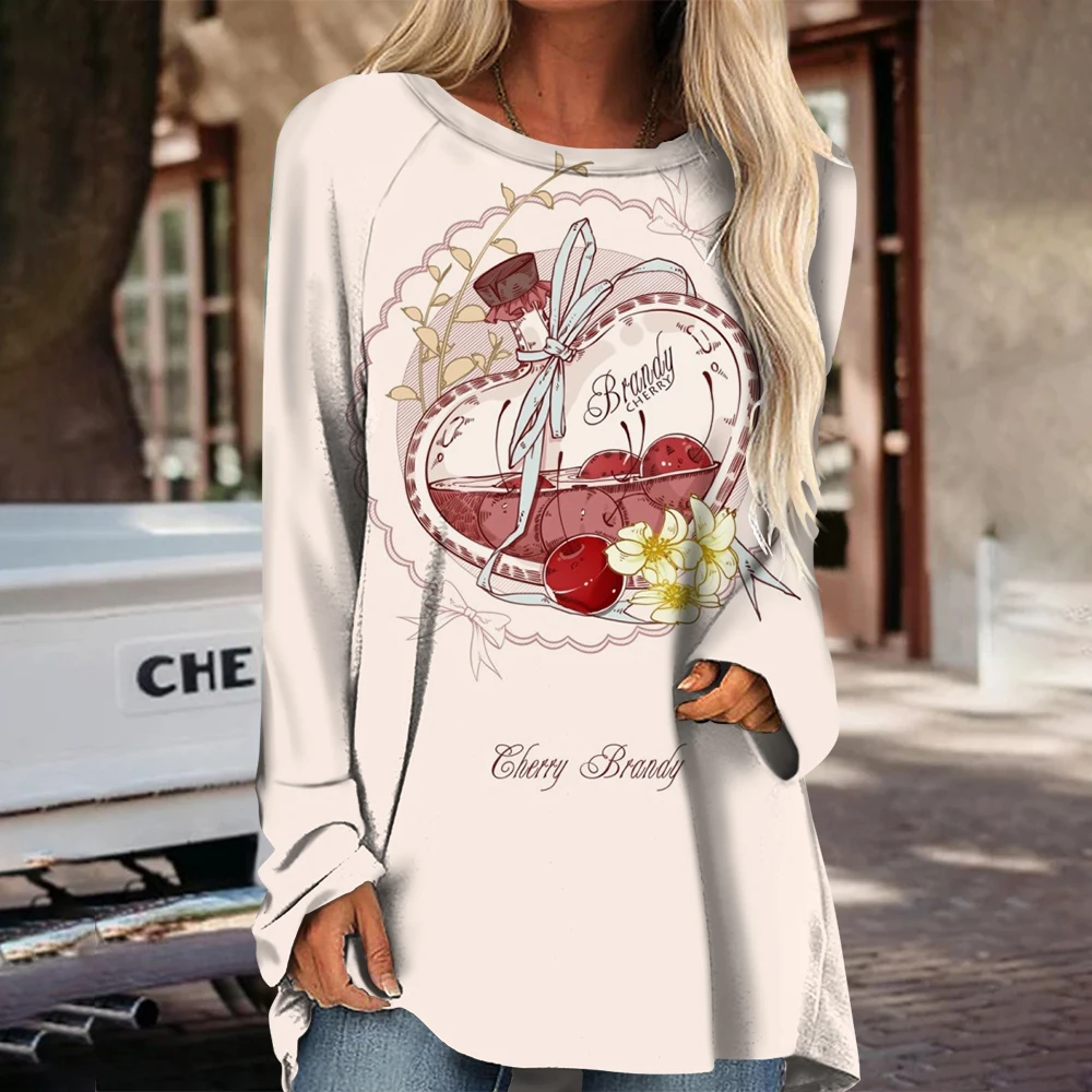 

Cherry Wine 3D Printing Exquisite Pattern Design Personality Fashion Vintage Round Neck Autumn Winter Fashion Street Vintage Top