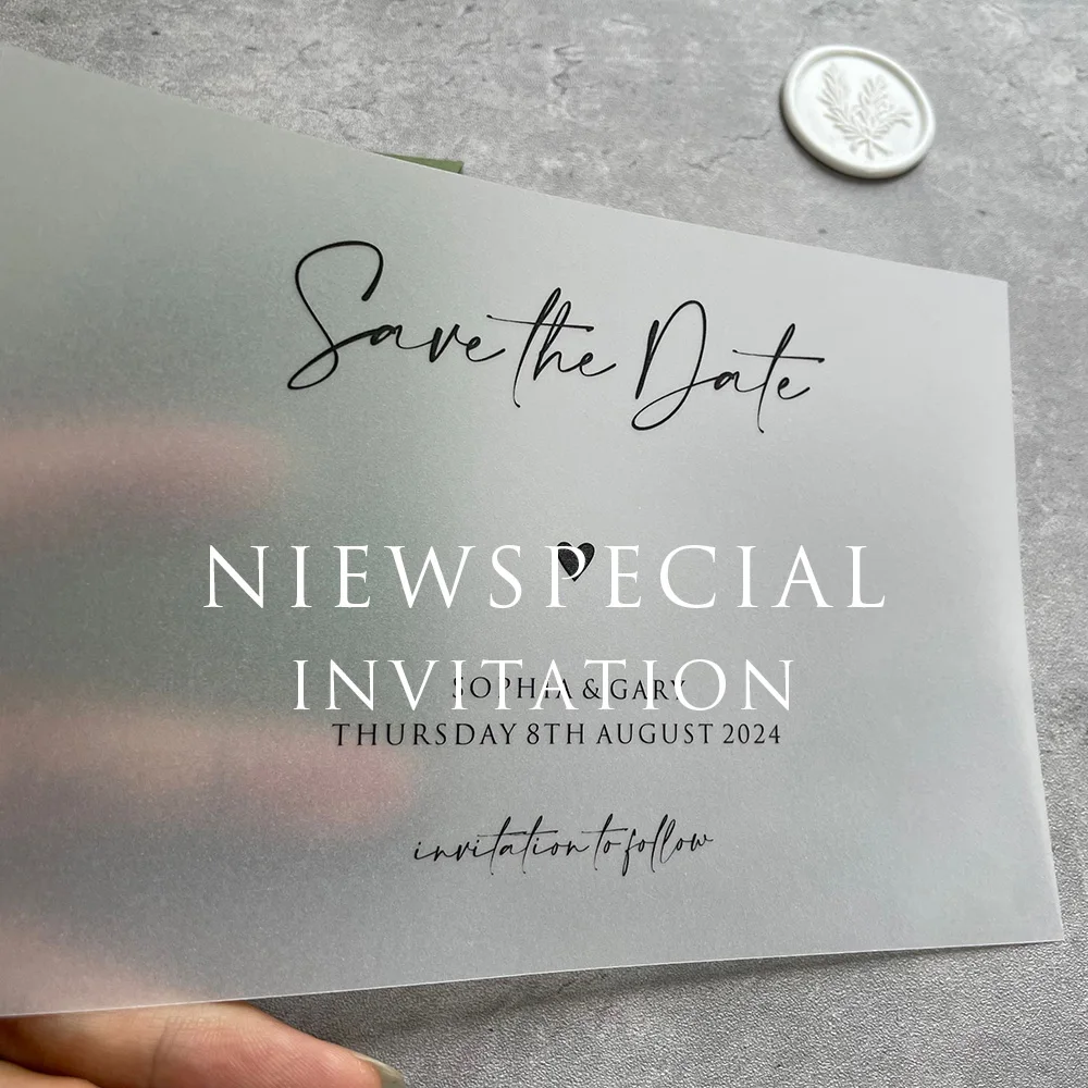 'Save the Date' Vellum Paper Card Custom Name Cards with Green Envelope and Seals