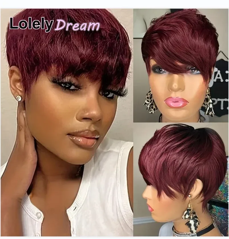 Lolely Dream Straight Remy Human Hair Wigs For Women Full Machine Made Burgundy 99J Color Short Bob Pixie Cut Wig With Bangs