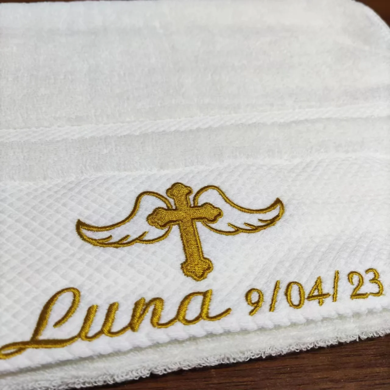 Embroidery Customized Angel cross Name and Date Baptism Towel Face Towel Bath Towels for Baby Christening Soft for Bathing 3