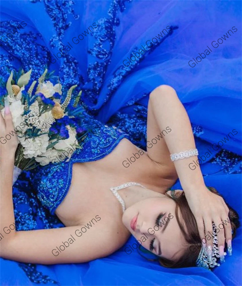 Mexico Royal Blue Sweetheart Ball Gown Quinceanera Dress Sequin Birthday Party Gowns With Sleeve Sweet 16 Robe De Bal
