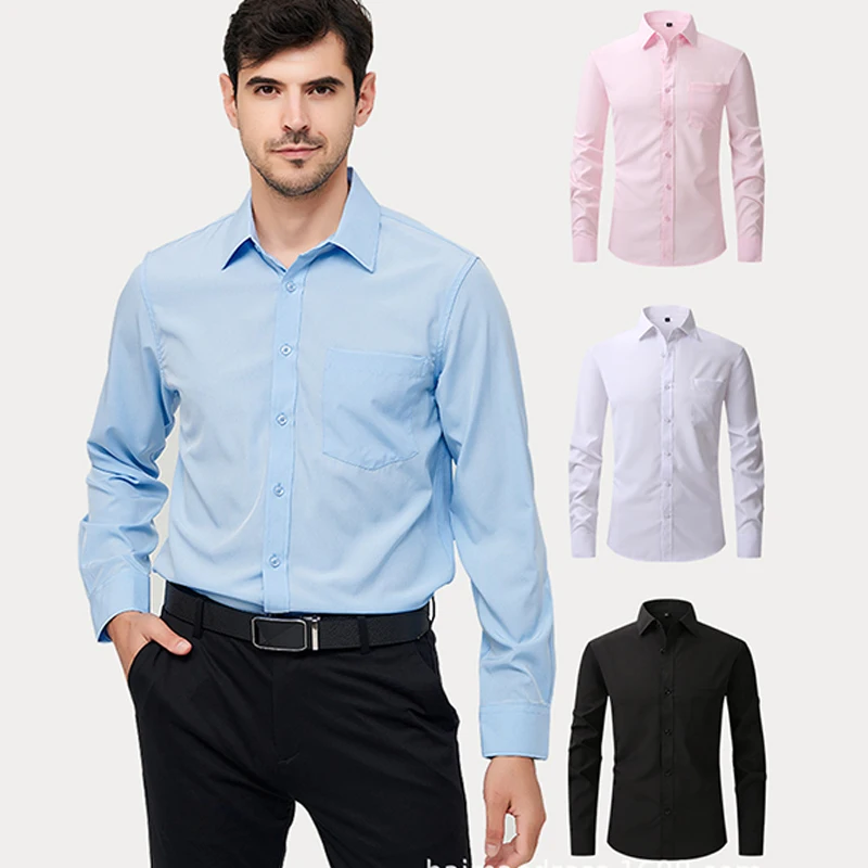 

Men's Long sleeved Spring and Autumn Youth Large Shirt, US Size Formal Dress, Business Casual, Solid Color, No Iron, Slim Fit