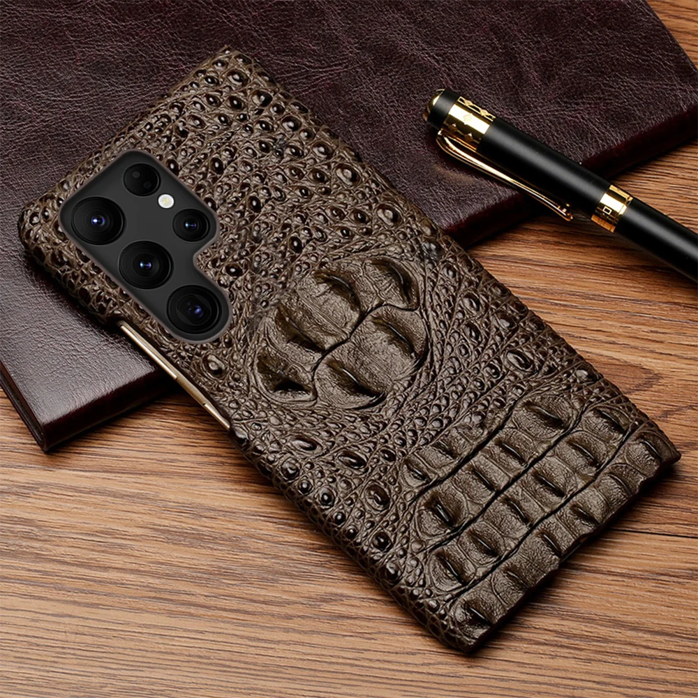 Genuine Leather 3D Crocodile Head Case for Samsung Galaxy S24 S23 S21 S22 Ultra S23 FE Note 20 Ultra 10 Plus A55 A54 A53 5G
