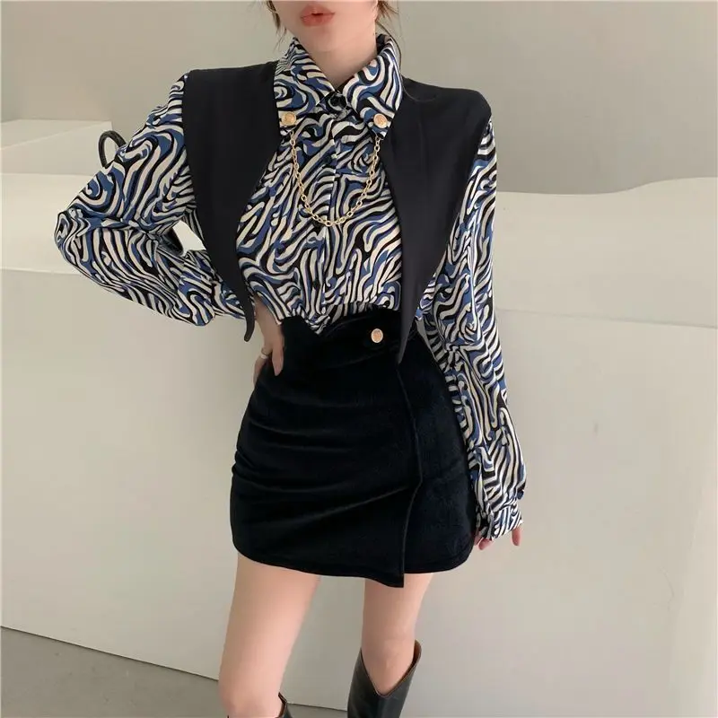 Women's Square Neck Chains Leopard Printed Shirt Spring Autumn New Vintage Long Sleeve Cardigan Button Fake Two Pieces Blouse new bohemia square pin buckle elastic braided belts women pp straw fake grass woven wide waistband dress decorative vacation hot