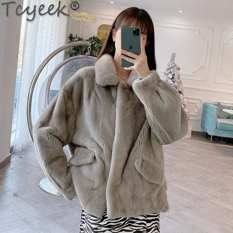 Tcyeek Vera Pelliccia Di Visone Giacche Donna Cappotto Di Pelliccia Naturale Giacca Invernale Donna Risvolto Intero Visone Donna Cappotti Elegante Fou