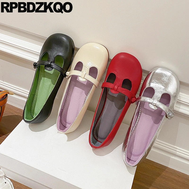 

2023 Genuine Leather Metallic Shoes Women Mirror Cow Skin Soft Sole 34 T Strap Mary Jane Round Wide Toe Ballerina Flats Japanese