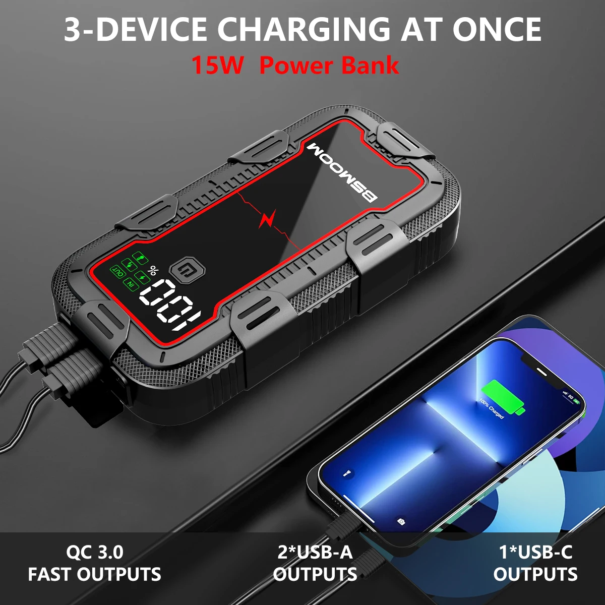 Автомобильное пусковое устройство 5000A, внешний аккумулятор 12 В, портативный автомобильный аккумулятор, бустер, зарядное устройство, бустер, аварийное пусковое устройство, освещение