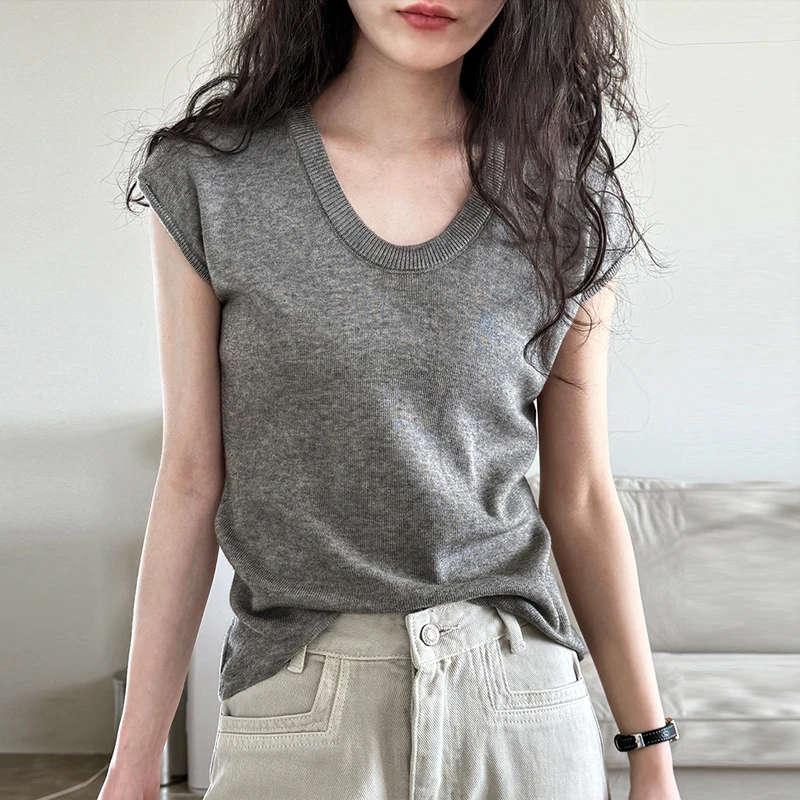 

Johnature U-neck Knitted Casual All Match Women T-Shirts 2024 Summer New Simple Dropped Shoulders Base Short Sleeve T-shirt Tops