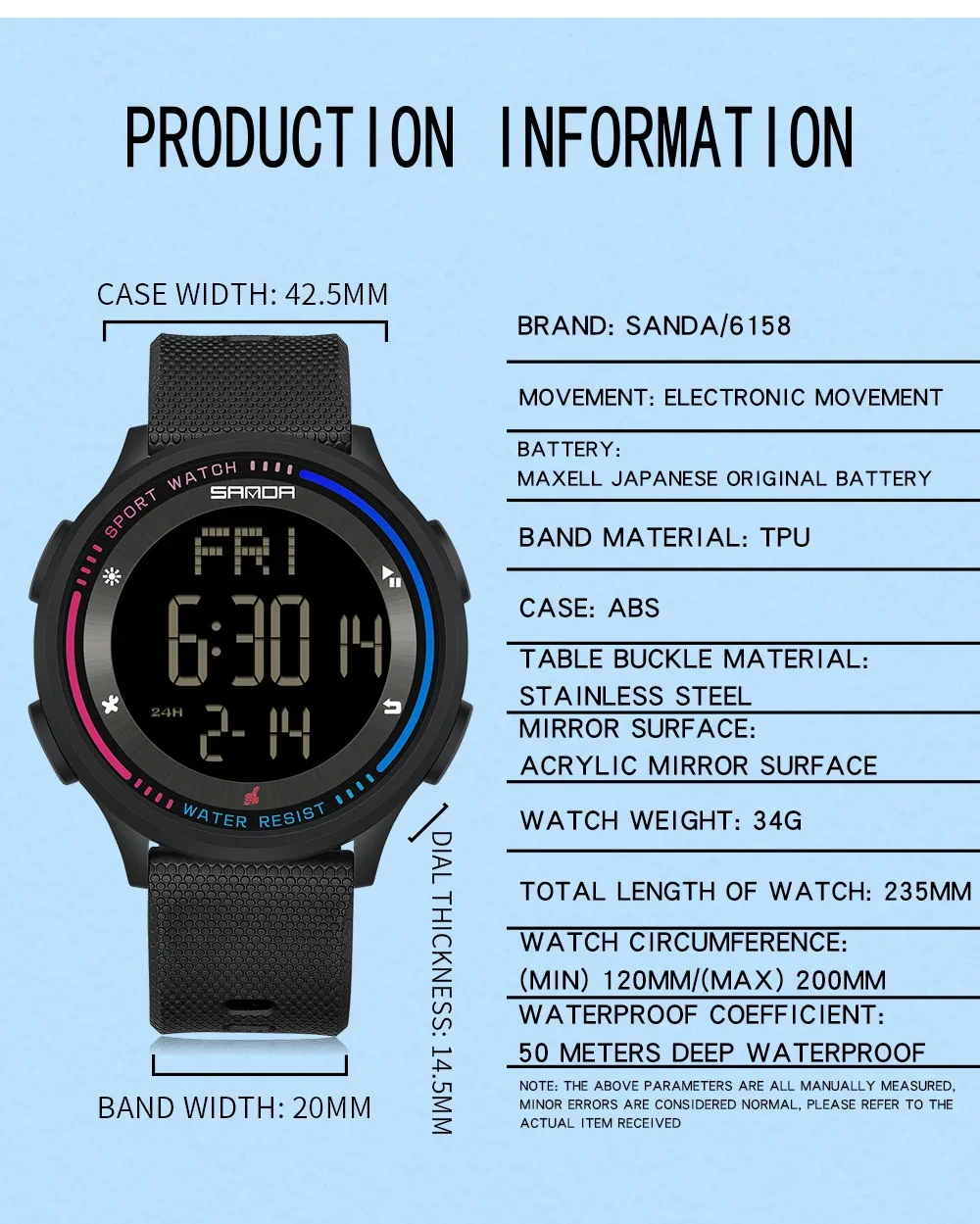 SANDA 6158 Men LED Digital Military Watch Man Sports Watches Outdoor 5Bar Waterproof Wristwatches Male Clock Relogio Masculino 5