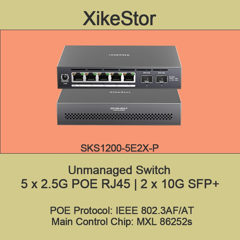 XikeStor 비관리형 5포트 2.5G POE RJ45 2포트 10G SFP+ 지원 ..