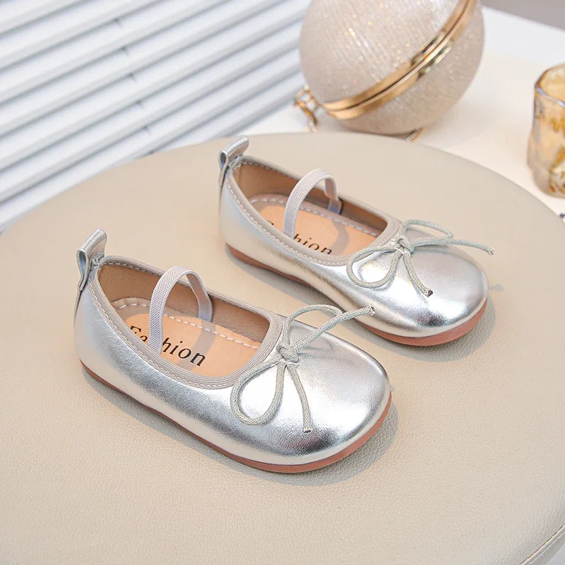 Leather Kids Ballet Shoes Wine Red Classic Bowknot