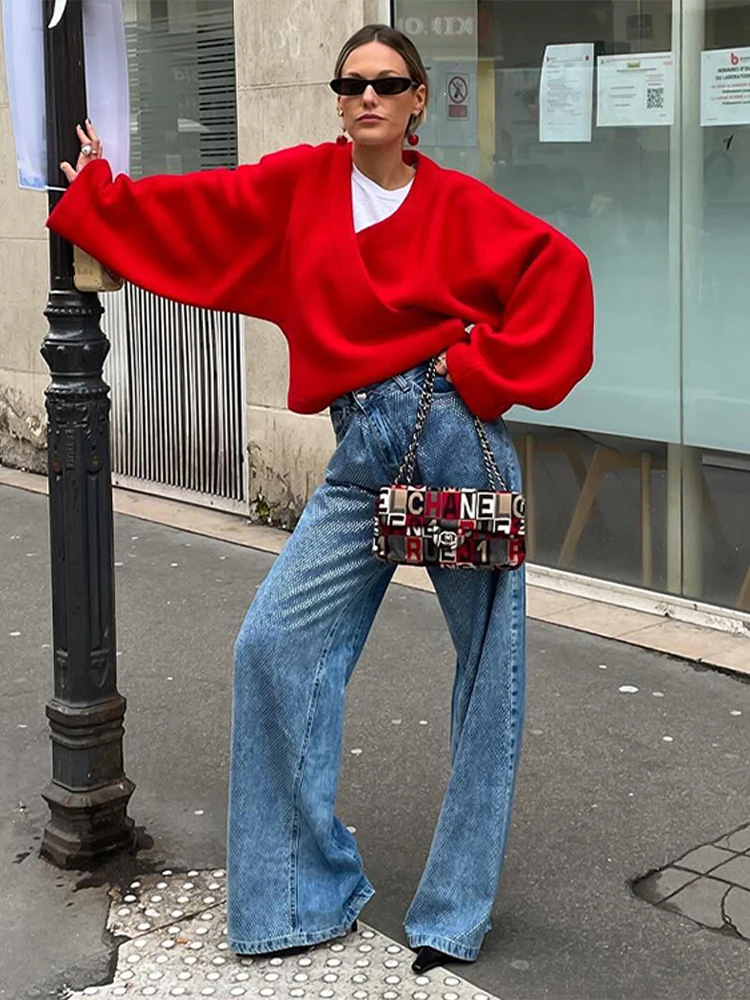 Kimono Style Woolen Coat Jacket Fashion Red Cross V-Neck