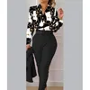 Elegant Women Printed Two Piece Suit Sets Spring Autumn V Neck Long Sleeve Shirt Top & Long Pants Set With Belt Workwear Outfits 6