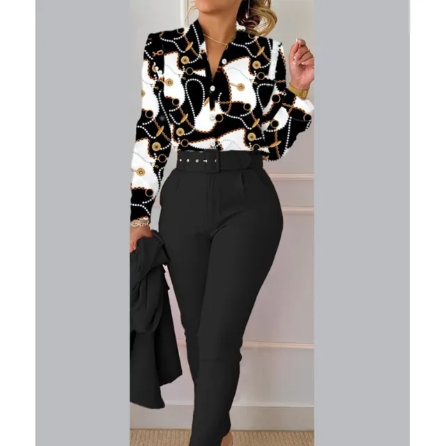 Elegant Women Printed Two Piece Suit Sets Spring Autumn V Neck Long Sleeve Shirt Top & Long Pants Set With Belt Workwear Outfits 6