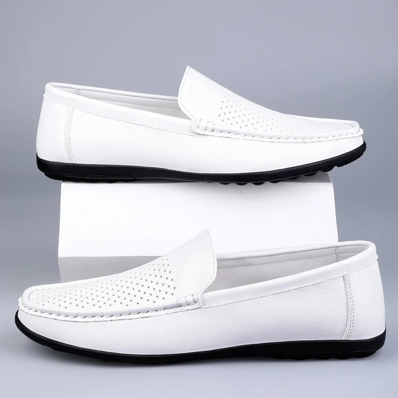 Summer Brand Men Shoes Casual Leather Hollow Out Moccasins Men Breathable Slip on Luxury Italian Men White Loafers Plus Soze 47 5