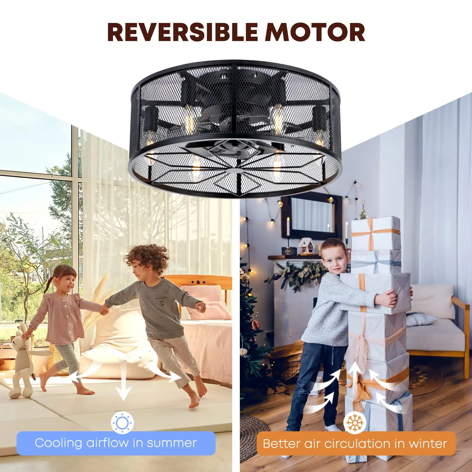 18'' Black Flush Mount Farmhouse Low Profile Small Caged Ceiling Fan with Lights Remote Control Ceiling Fan Lights Fixture
