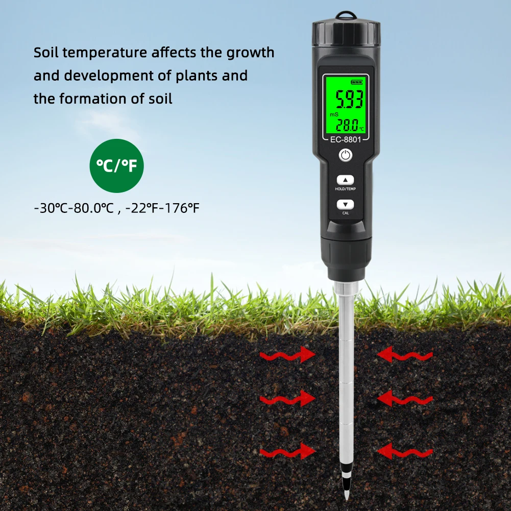 Soil EC Tester 0.00~10.00mS/cm Conductivity Soil EC PH Meter Detachable Probe Au
