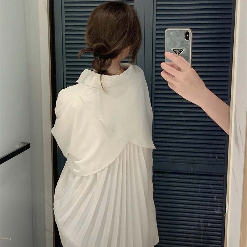 

QWEEK Korean Style Women's Blouse Oversized Shirt White Long Sleeve Asymmetrical Top Elegant Chic Vintage Fashion Fairycore 2023