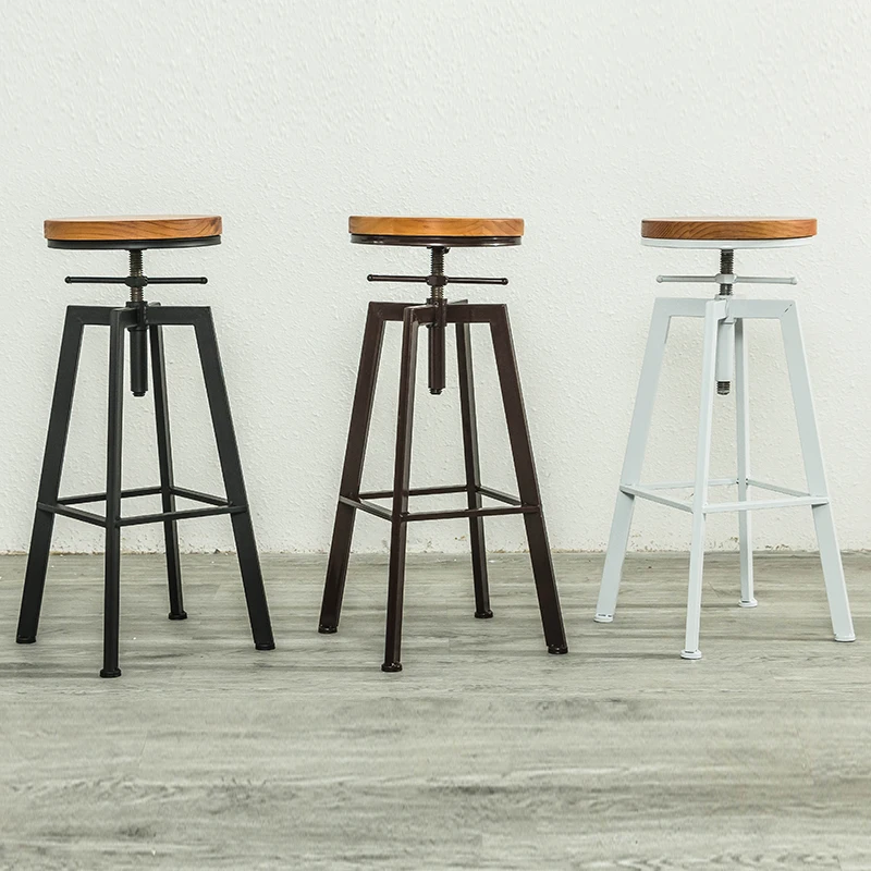 Industrial Style Rotating Bar Stool Solid Wood High Feet Counter Stool Household Retro Bar Chairs with Height Adjustable 62-83cm