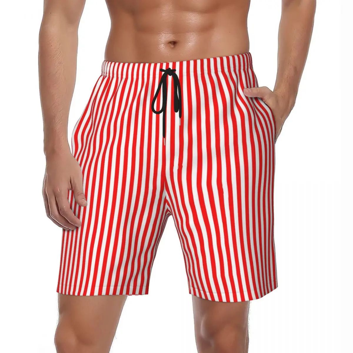 

Шорты для плавания мужские с принтом в полоску, спортивные пляжные короткие штаны, быстросохнущие повседневные плавки с узором, большие размеры, красный и белый цвета, на лето