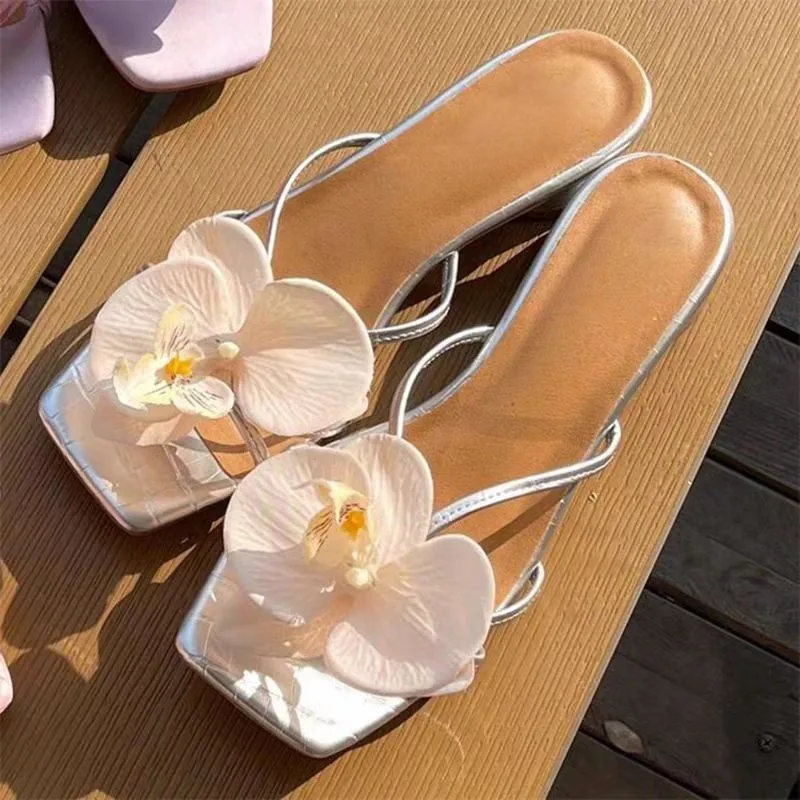 Brand Shoes Female 2025 Summer New Elegant Flowers Design Women's Slippers Casual Fashionable Outer Wear High Heel Slides Women — view 2