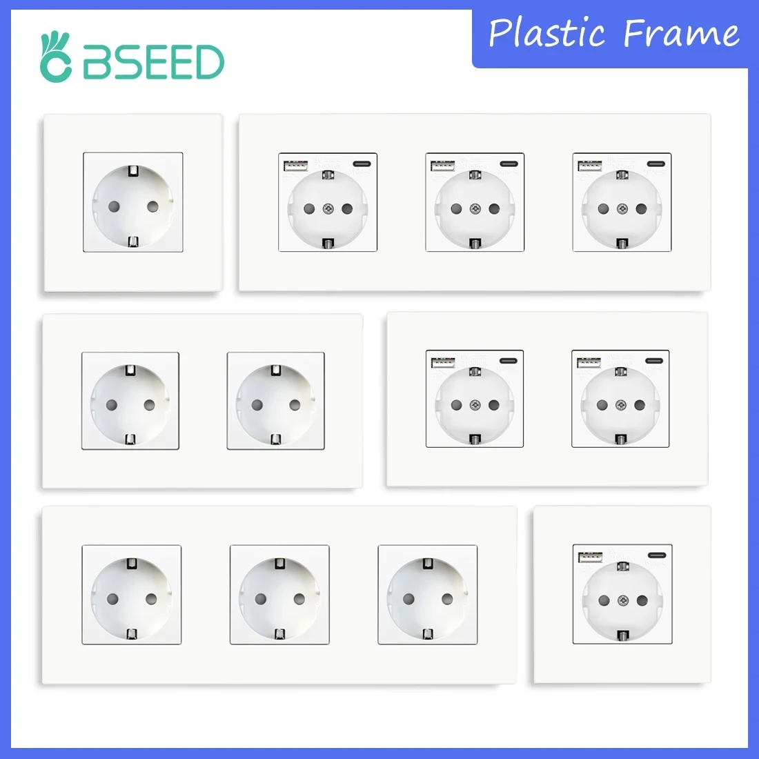 Bseed-eu Tomadas de Parede com Porta Usb Tipo-c Usb Power Tomadas Elétricas Duplas Tomadas Triplas Moldura de Plástico Tomada Alemanha