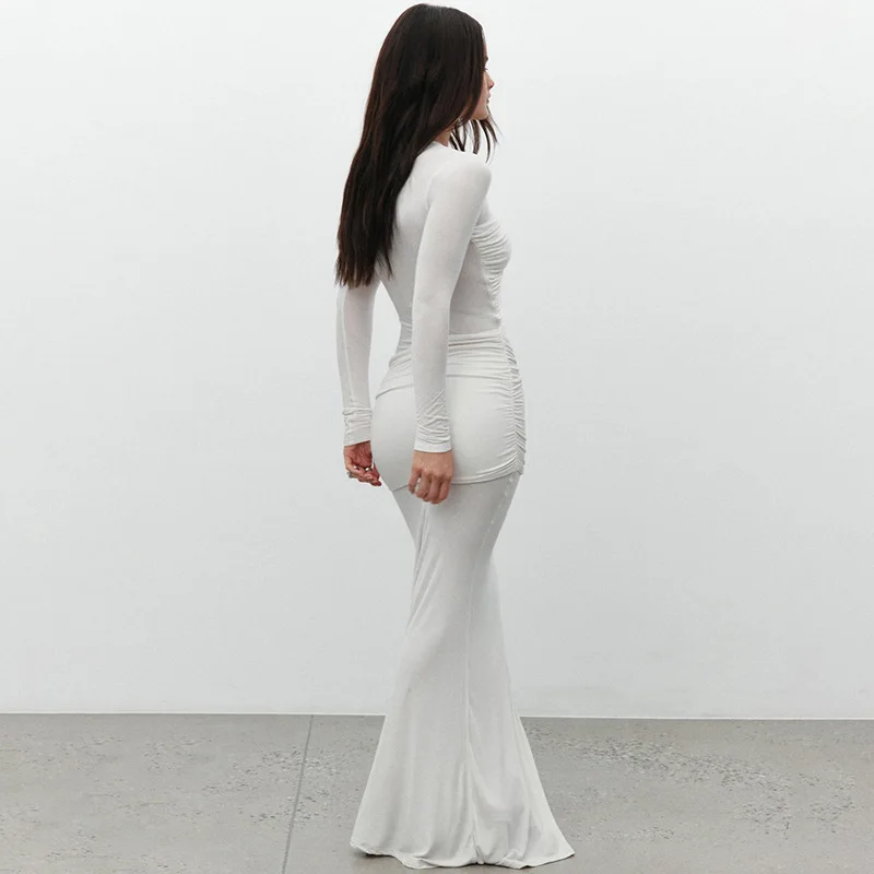 Fashion Mesh Patchwork Maxi Dress Women's Pleated Skinny High Waist Slim See-Through Solid Party Dress Female Long Dress