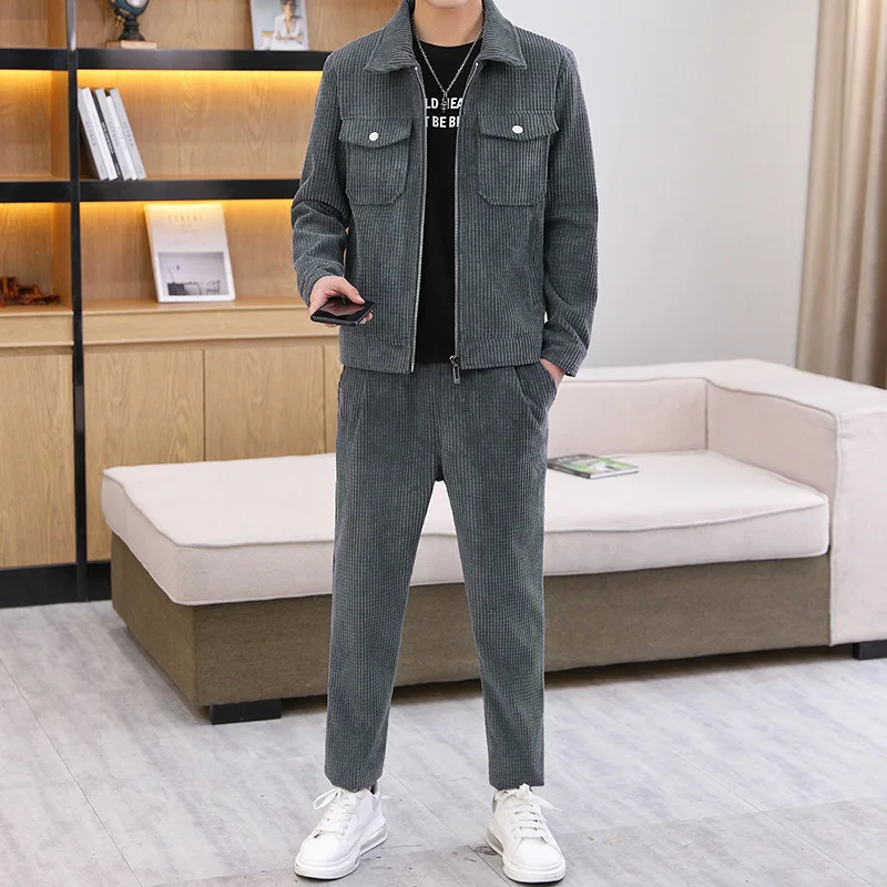 Corn Kernel Corduroy Jacket Suit Mens Spring/Autumn Korean Version Fashion Slim All-match Clothes 2-piece Set Outfits Jogger Set