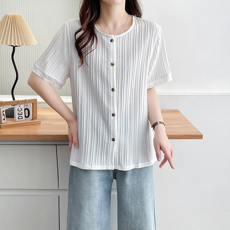 100KG New Summer Style Accordion Vertical Striped Short Sleeve Shirt Plus Size Women's Casual Chiffon Blouses 313