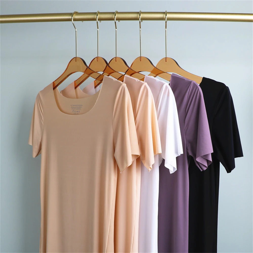 summer sexy Seamless Ice Silk Full Slips Dresses For Women Thin Short Sleeve Mini Cool Petticoat Underkirt Sleepwear Dress