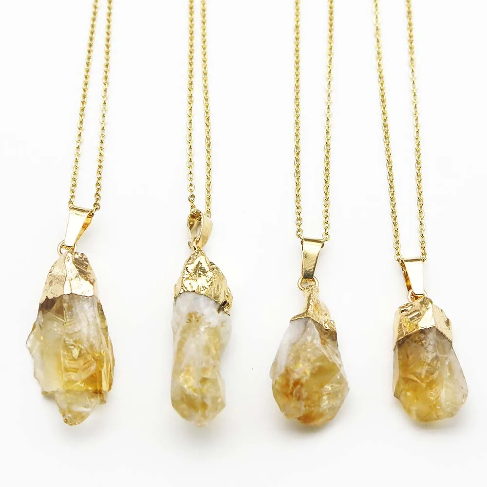 Natural Raw Ore Topaz Yellow Crystal Pendant Irregular Gold Plated Stainless Steel Chain Necklace Charm Jewelry Accessories 6Pcs