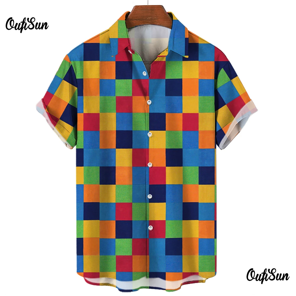 Plaid Shirt For Men Vintage Short Sleeved Shirt Couple Blouse Colorful Printed Casual Men Clothing Oversized Streetwear