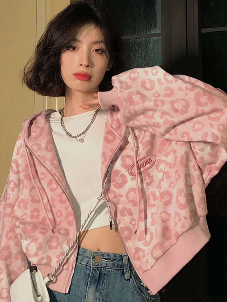 

Deeptown Preppy Style Pink Sweatshirts Leopard Print Y2K Harajuku Oversized Hoodies Women Vintage Zipper Cropped Top Cute Jacket