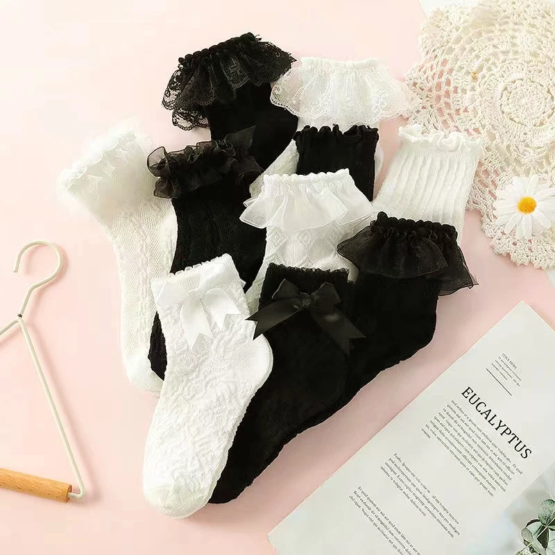 Детские весенне-летние кружевные носки для малышей носки принцессы для девочек с оборками хлопковые молочные белые черные короткие сетчатые носки тонкие детские носки в стиле "Лолита"