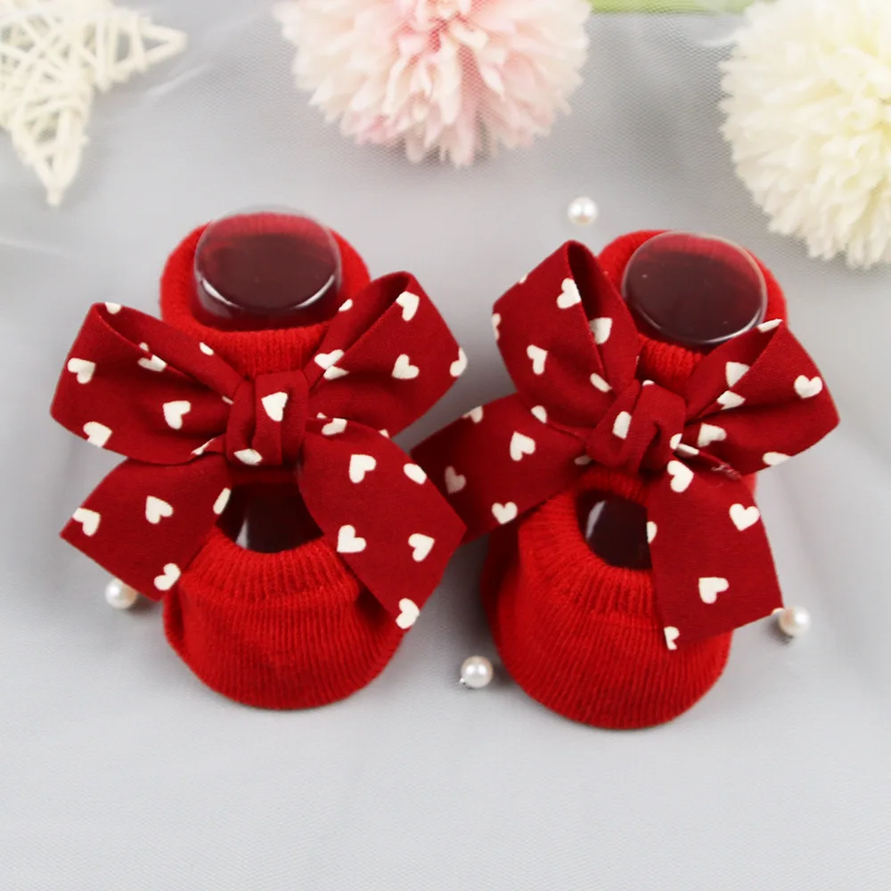 Adorable Newborn Girl Princess Bow Cotton Socks - Red Toddler Floor Socks