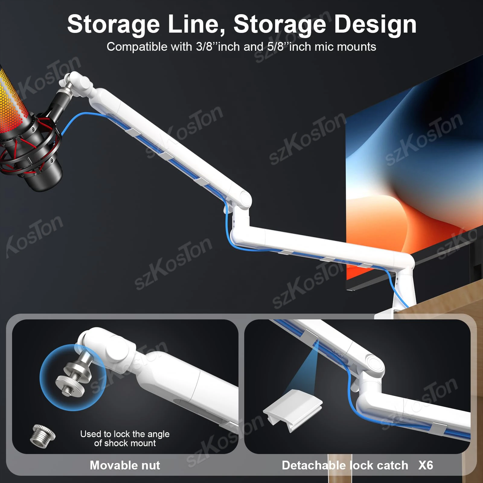 Microphone Boom Arm White Adjustable Low Profile Mic Stand with Extended Riser & Cable Management for SM7B MV7 AM8 K688 HyperX