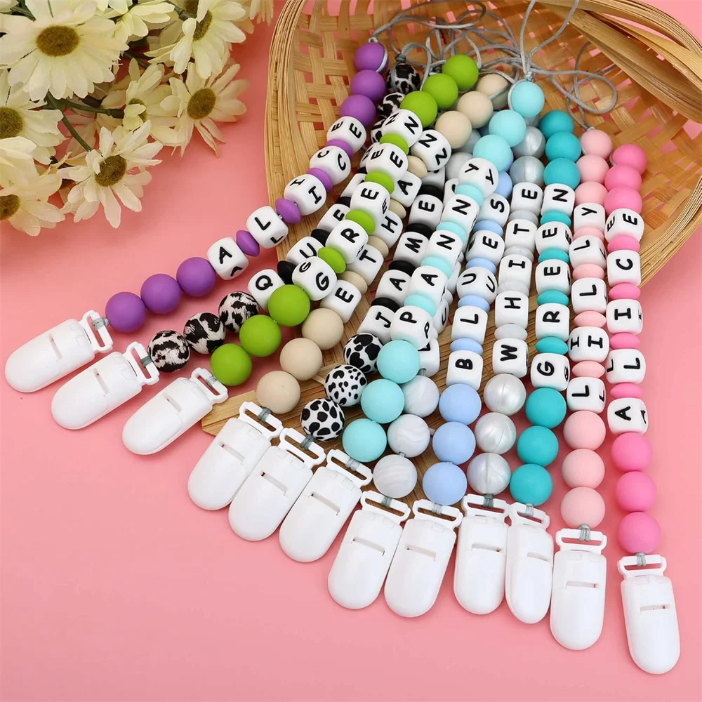 2pcs Solid Color Baby Pacifier Holder Personalize Name Custom Newborn Dummy Nipple Chain Babies Accessories Teething Toys Gifts