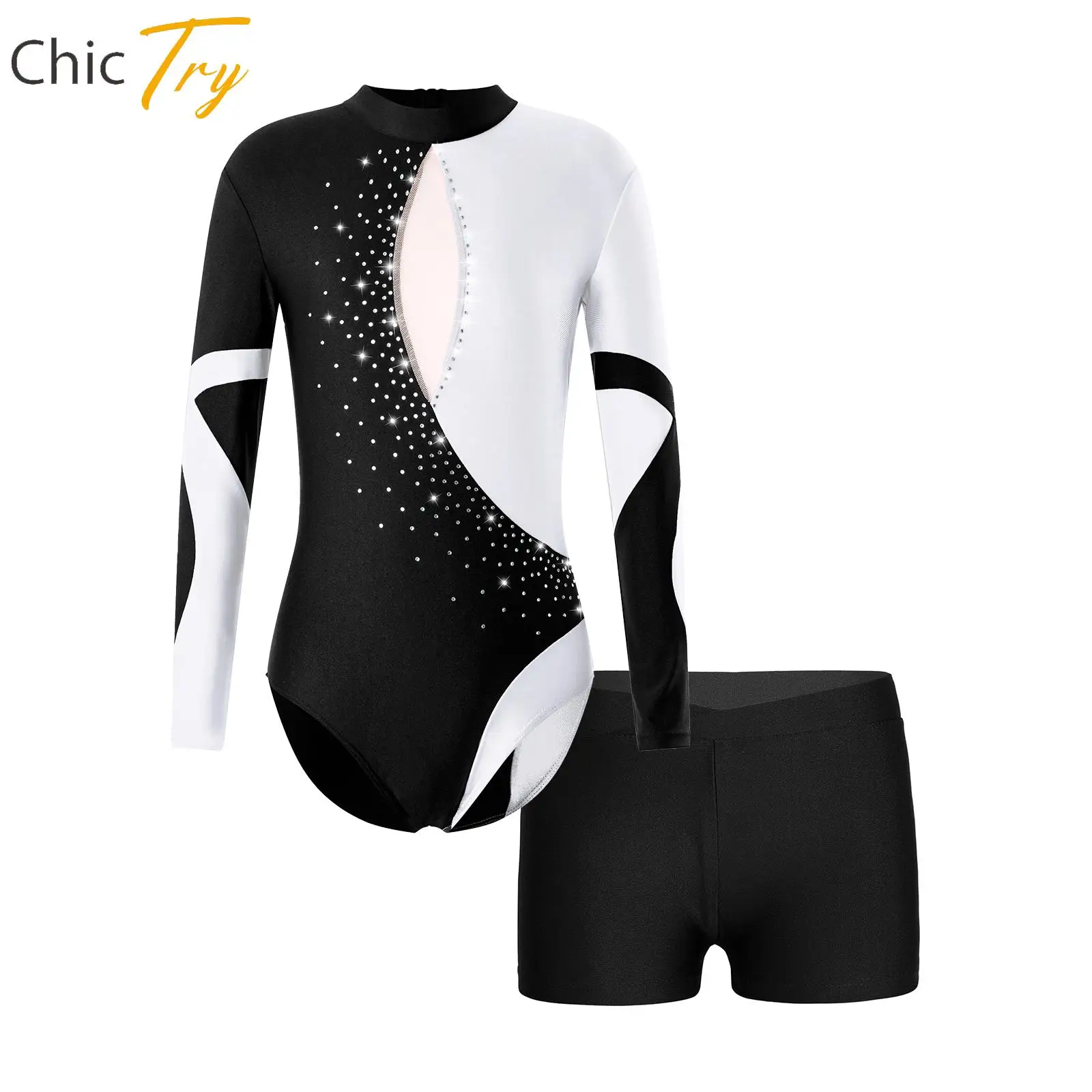 

Kids Girls Shiny Rhinestones Gymnastic Leotard with with V-front Shorts Dancewear Ballet Dance Leotards Figure Skating Costume