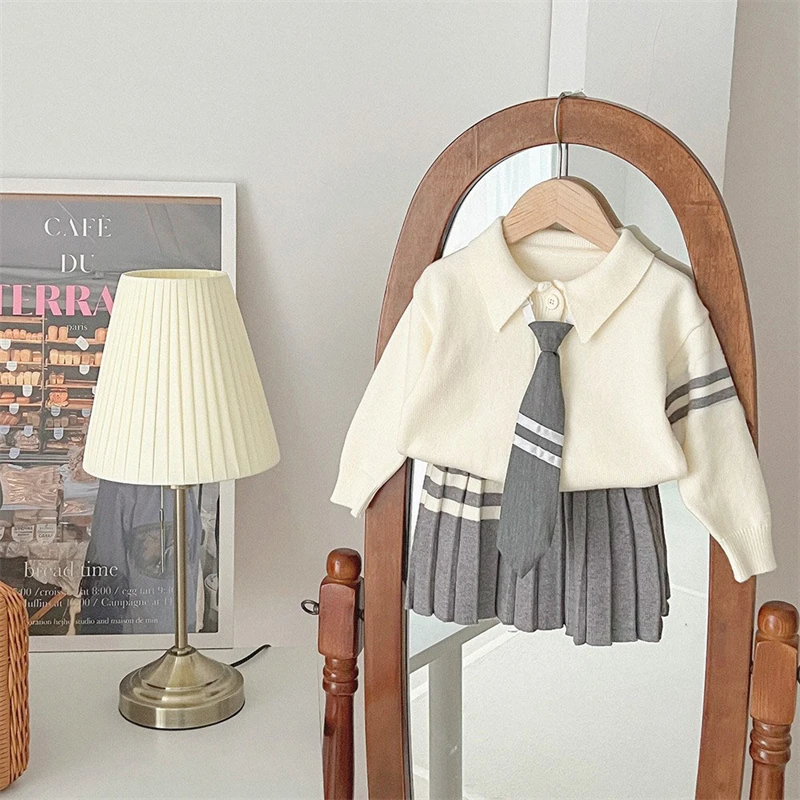

Girls Sweater Sets With Necktie 2023 Autumn Winter Children College Style Polo Long Sleeve Knitted Top Pleated Skirt 2-Piece Set