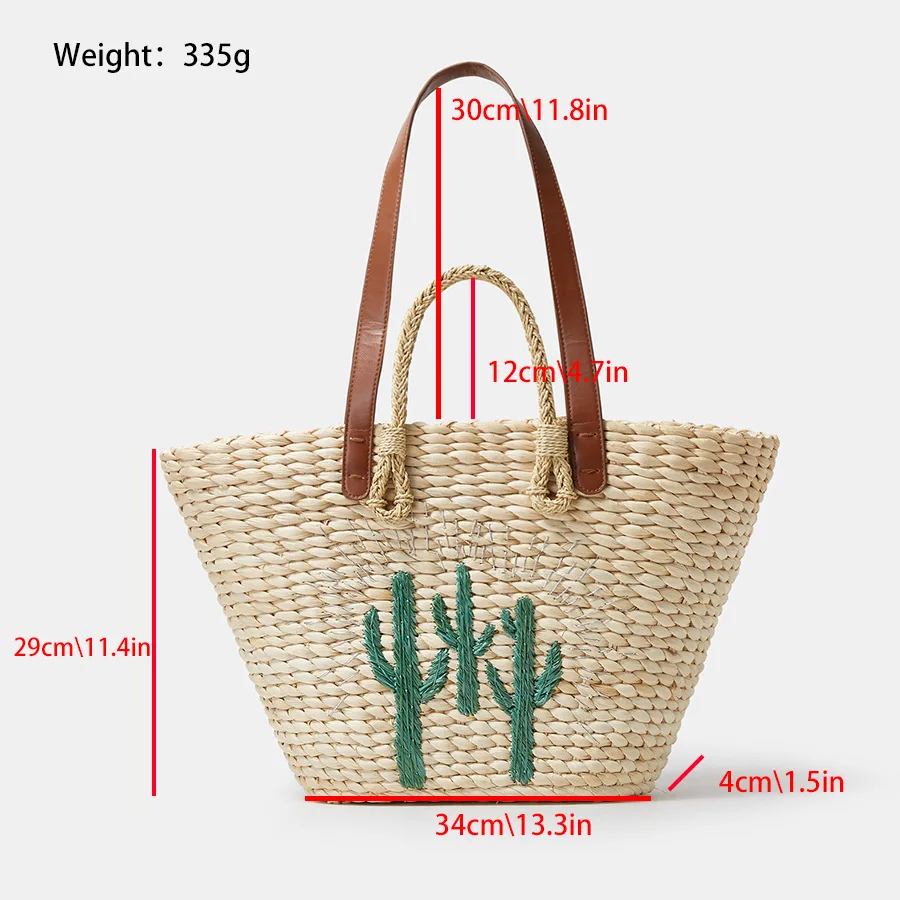 Fashion Cactus Pattern Rattan Women Handbags Corn Husk Woven Shoulder Bags Casual Summer Beach Straw Basket Bag Large Tote Purse