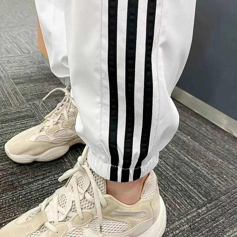 Casual Sports Pants Adidas Breathable Trousers Men and Women Trendy Versatile Polyester Anti Wrinkle Loose Sweatpants Black and White