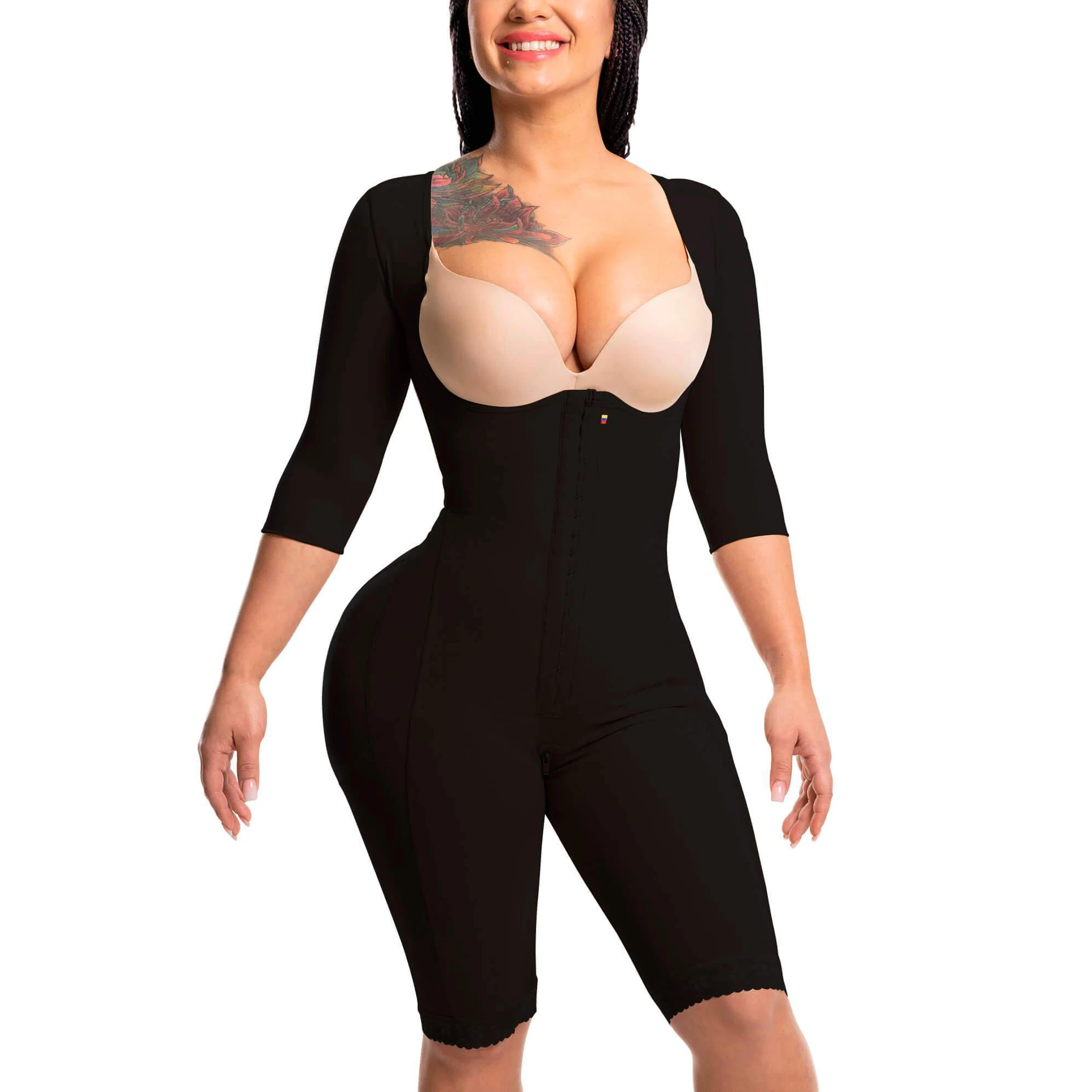 

High Compression Garment Adjustable Hook And Eye Front Closure Thick Strapp up to Knee Zipp Up And Long Sleeves