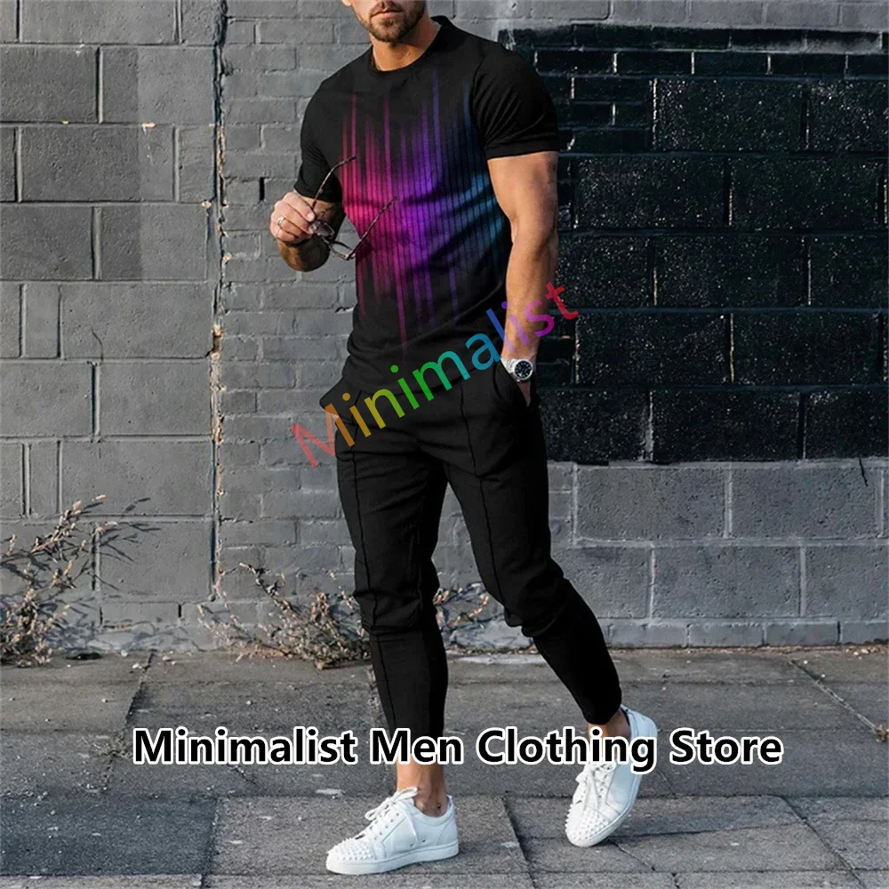 2024 Fashion Men's Trousers Tracksuit 2 Piece Set Sportswear Summer Streetwear Short Sleeve T Shirt+Long Pants Male Clothing