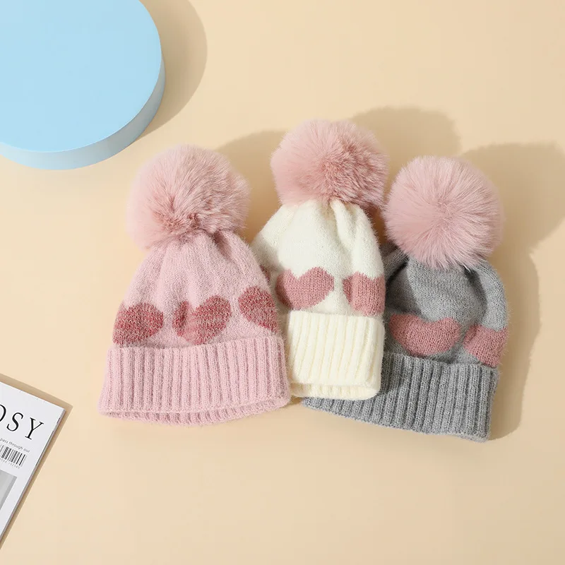 Autumn Winter Baby Girl Hat with Pompom Heart Pattern Kids Beanie Caps Warm Knitted Infant Toddler Bonnet Hats Baby Accessories