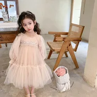 Girls' Spring and Autumn Dress2024New Children's Baby Girl Western Style Lace Splicing Puffy Gauze Princess Dress 1